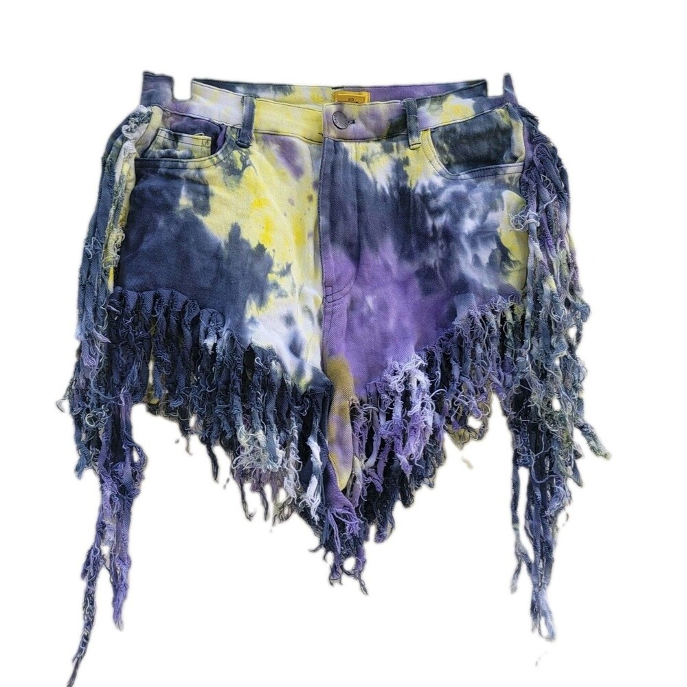 Wmns Boho Distressed Denim Fringe Shorts sz L Tie Dyed Festival Raw Carnival